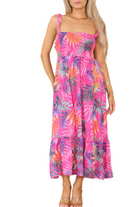 Ladies Shirred Tropical Print Dress Cerise