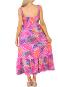 Ladies Shirred Tropical Print Dress Cerise