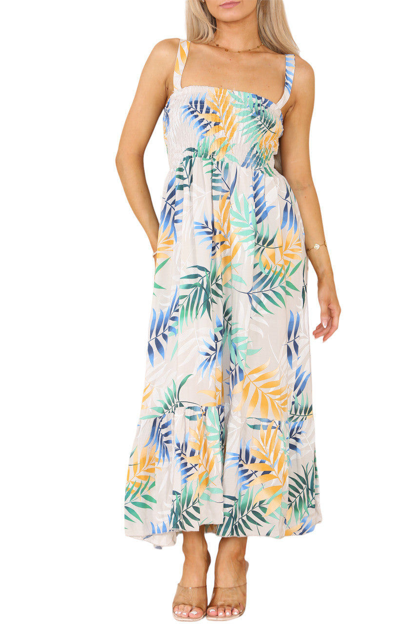 Ladies Shirred Tropical Print Dress Stone