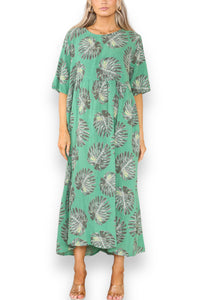 Ladies Palm Leaf Print Dress Green