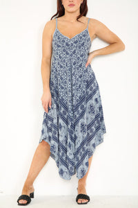 Ladies Boho & Elephant Hem Print Strappy Dress Denim