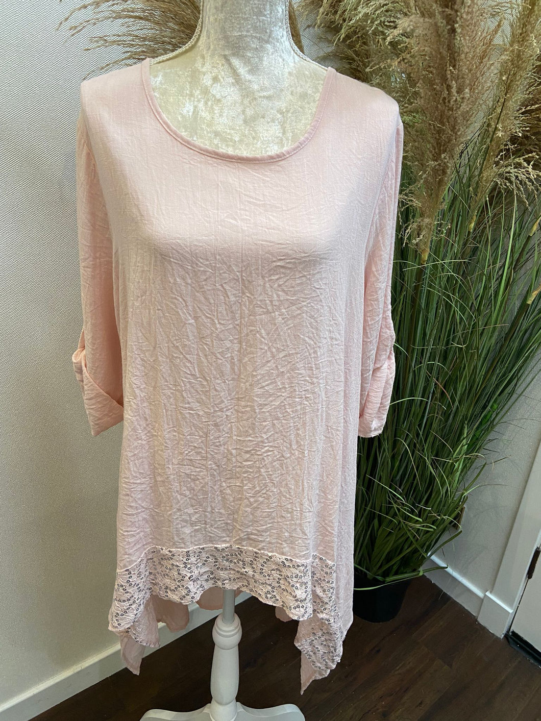 Asymmetric Sequin Hem Top - Pink