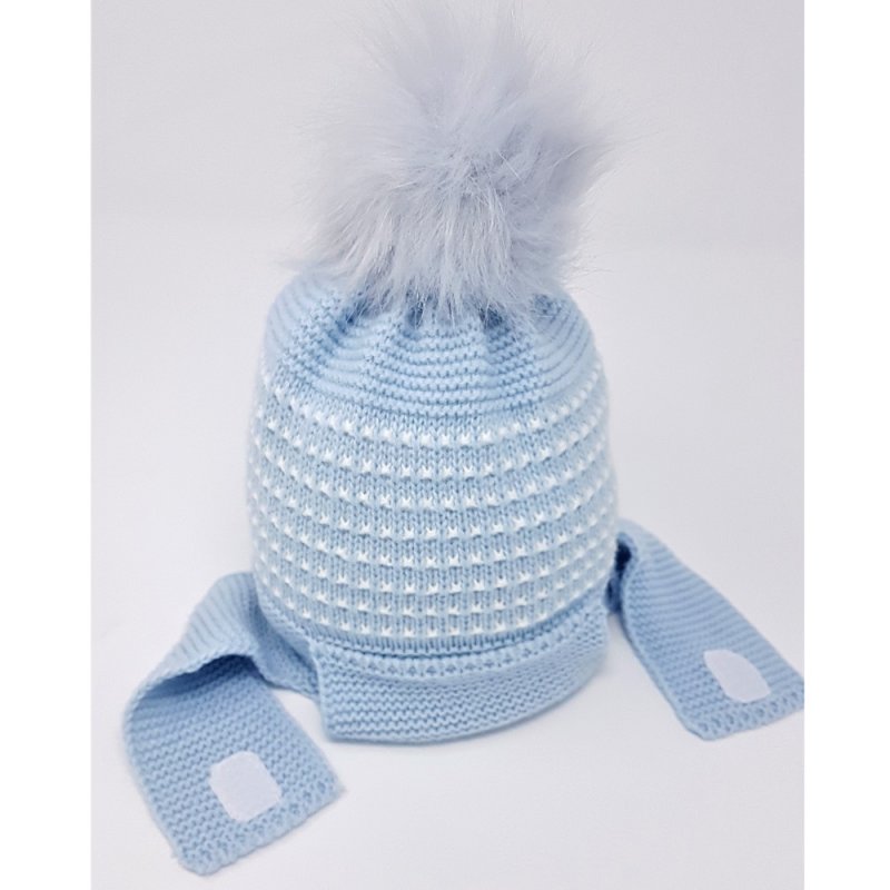 Baby Knitted Fur Pom Hat With Chin Strap- Sky