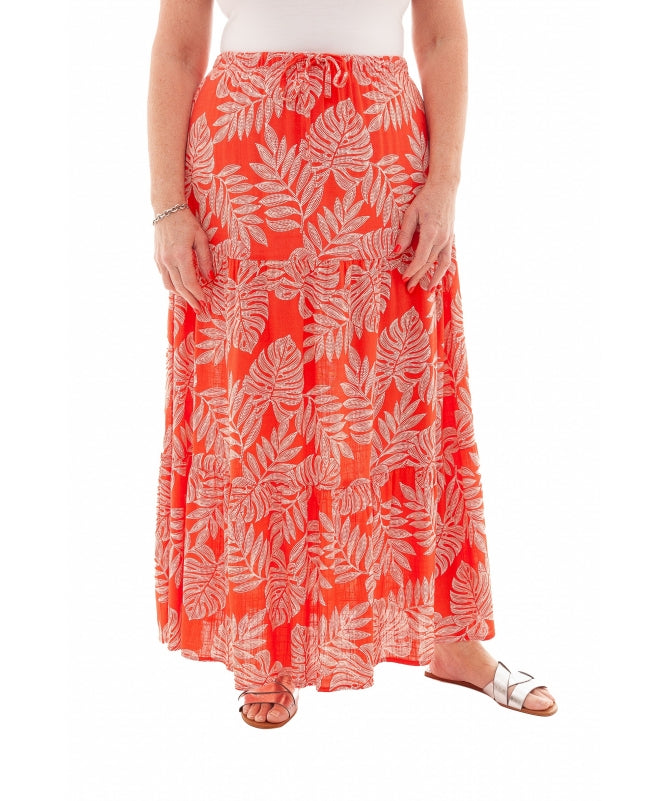 Linen Dotty Leaf Print Tiered Maxi Skirt Mandarin