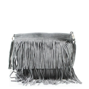 Dark Grey Leather Tassle Crossbody Bag