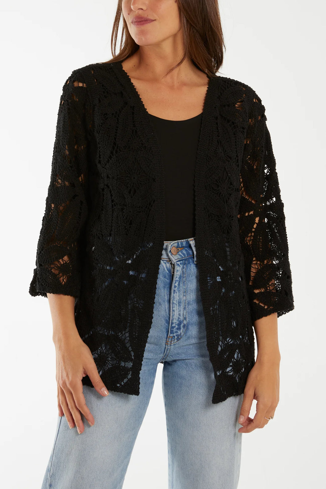 Crochet 3/4 Sleeve Cardigan Black