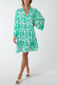 Tiered Baroque Floral Smock Print Dress Jade