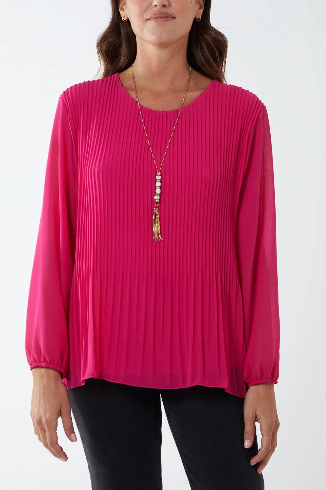 Pleated Long Sleeve Necklace Top Pink