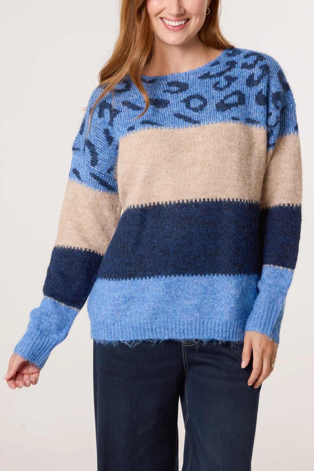 Blue Animal Colour Block Knit Jumper