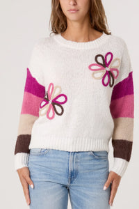 Colourful Floral Embroidery Striped Jumper Pink