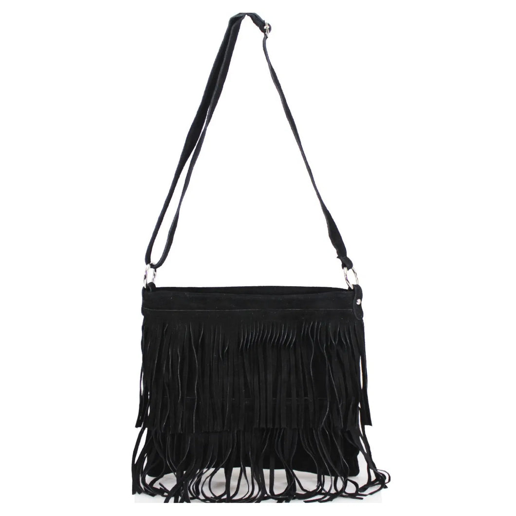 Black Leather Tassle Crossbody Bag