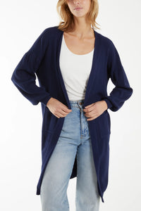 Two Pocket Longline Fine Knit Cardigan Navy