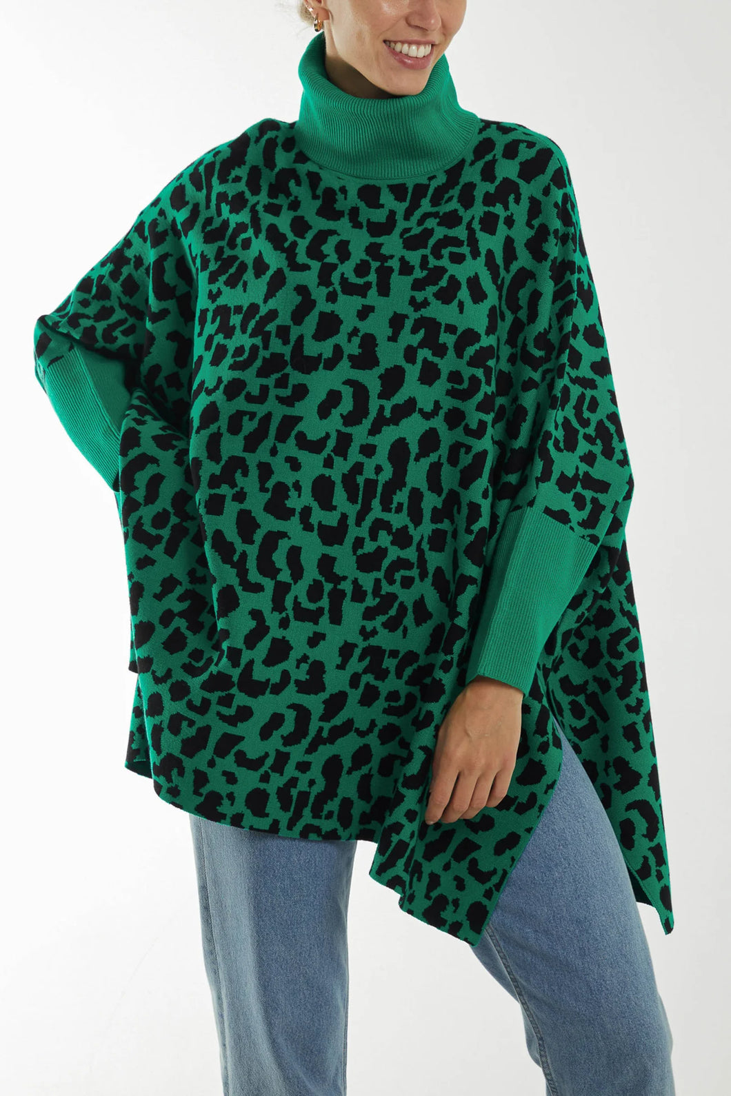 Animal Print Roll Neck Poncho Jumper Green