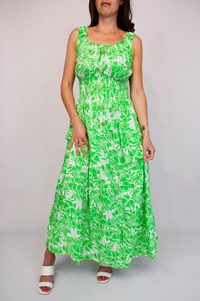 Elasticated Button Front Contrast Flower Midi Dress Green