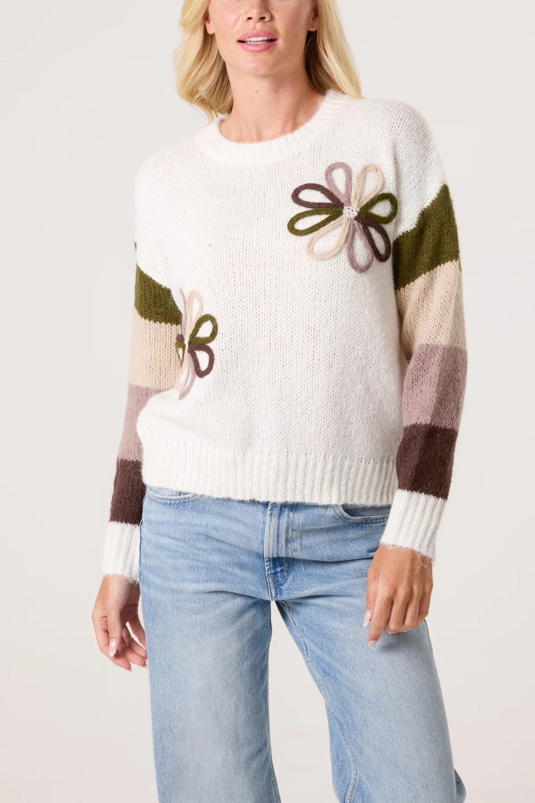 Colourful Floral Embroidery Striped Jumper Khaki
