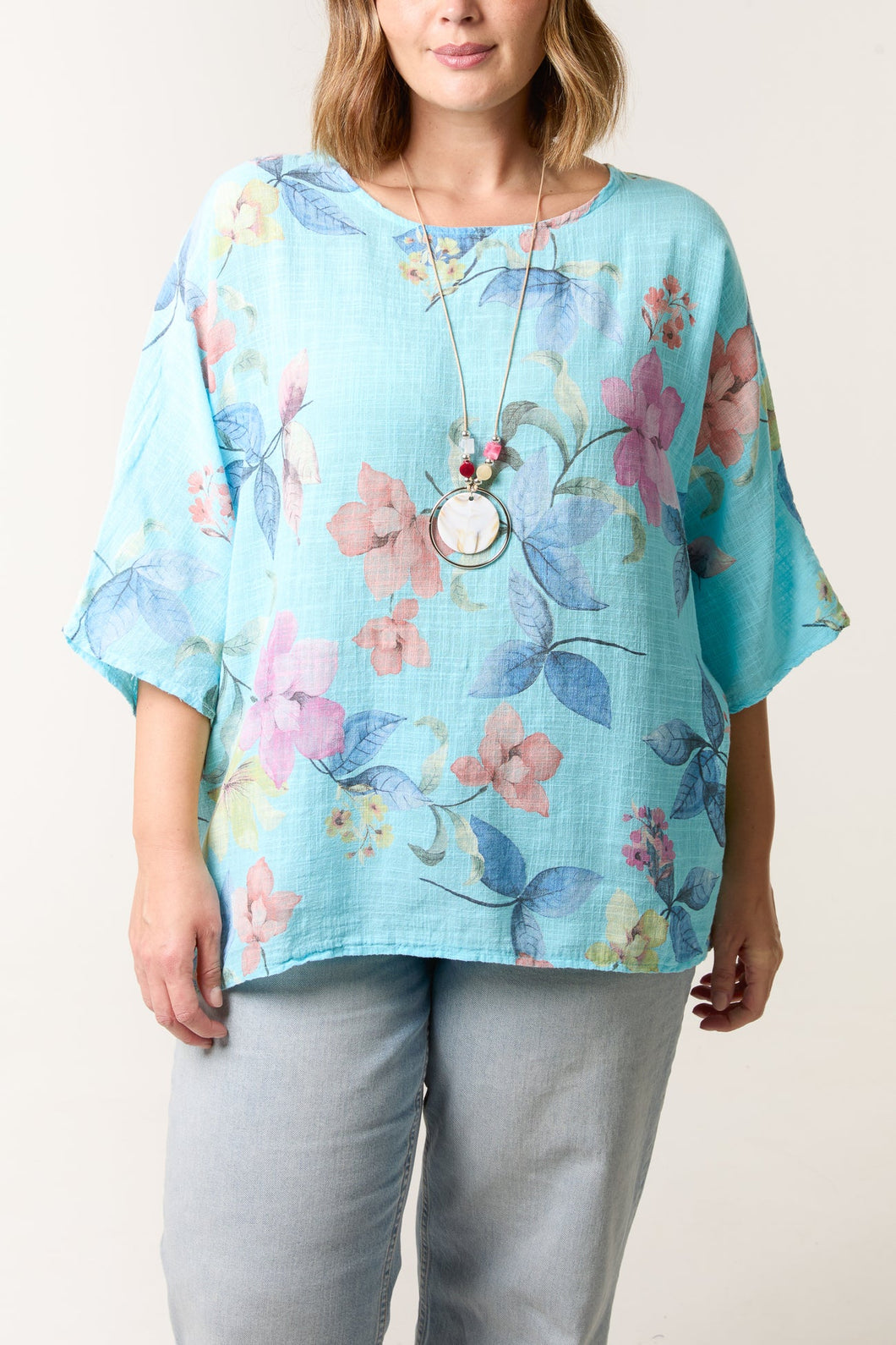 Multicolour Floral Pure Cotton Top Turquoise