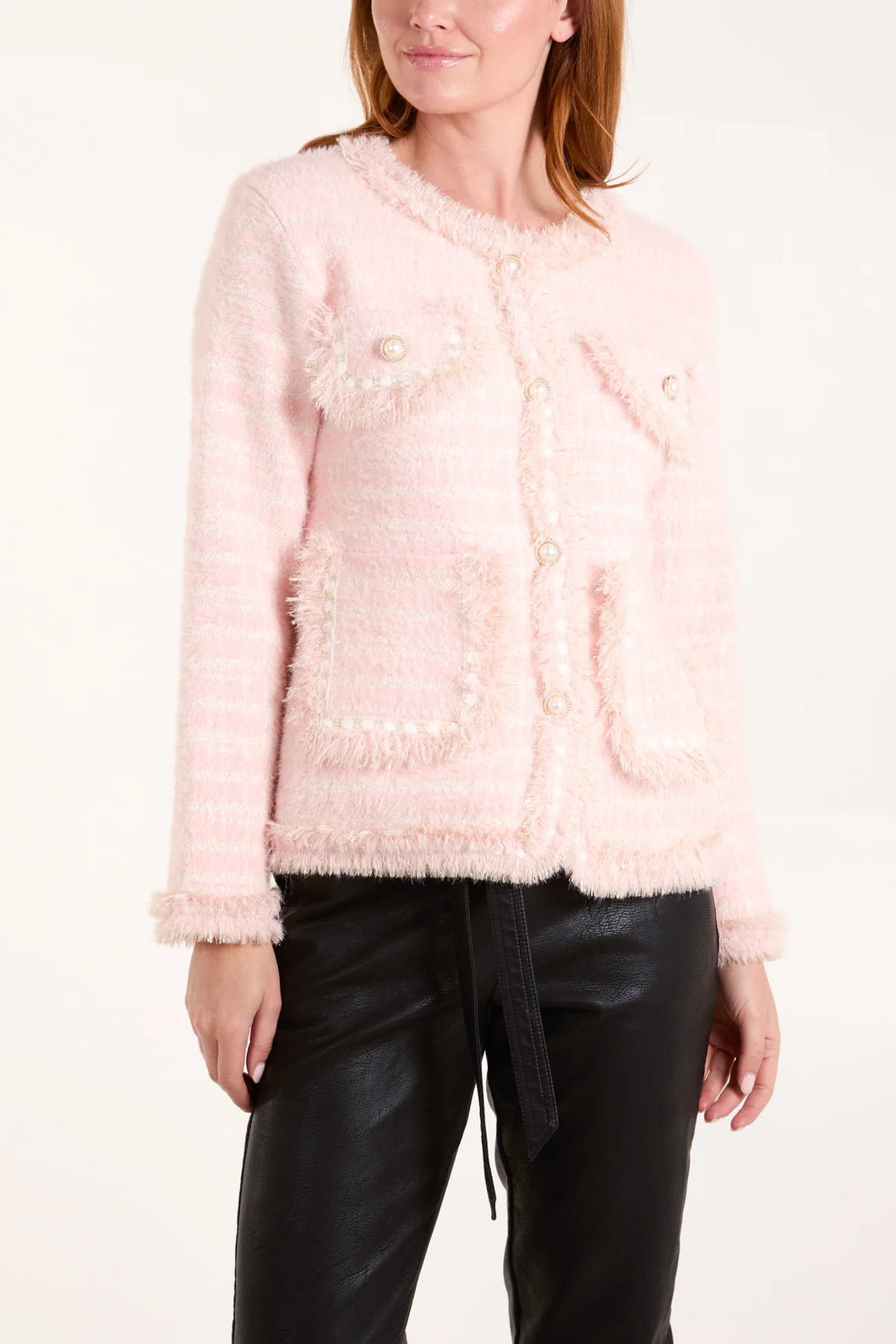 Pearl Button Tweed Knit Jacket Pink