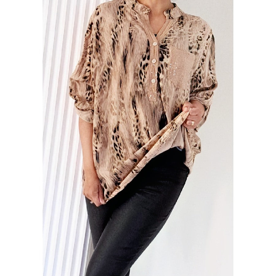 Mix Animal Print Sequin Pocket Blouse Camel