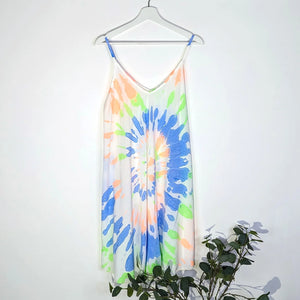 Tie Dye Strappy Viscose Summer Dress With Neon