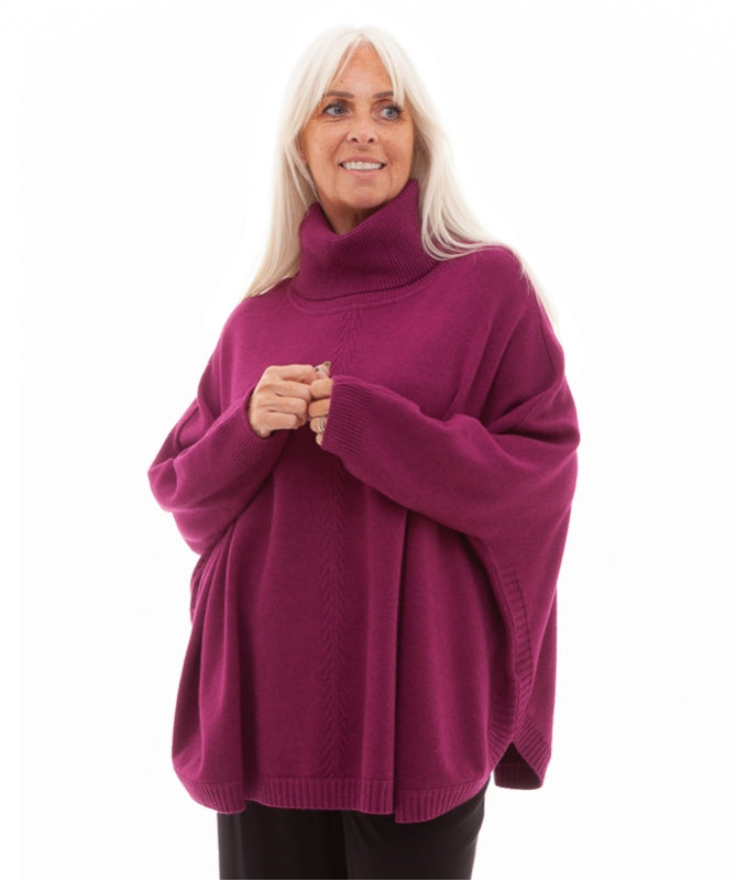 Magenta Cashmere Like Mini Cable Roll Neck Jumper