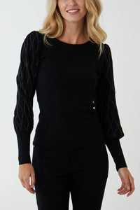 Petite Black Puff Argyle Long Sleeve Top