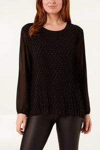 Round Neck Diamante Pleated Blouse