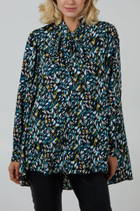 Teal Abstract Animal Button Pussybow Shirt