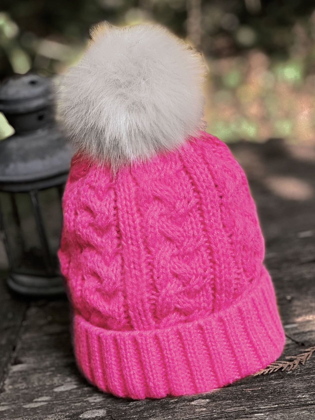 Super Soft Cable Knit Fur Pom Pom - Pink/Grey