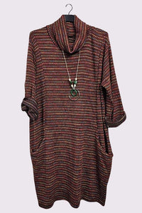 Rust Multicoloured Stripes Front Pockets Dress