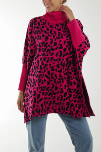 Animal Print Roll Neck Poncho Jumper Hot Pink