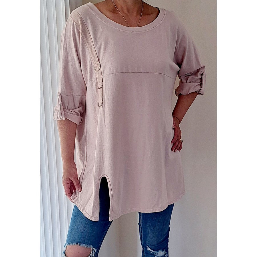 Casual Panelled Cotton Top With Silver D-rings Pink