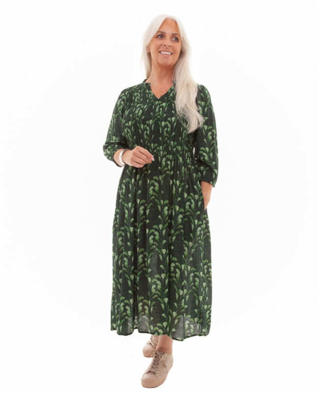 Green Tonal Watercolour Leaf Shirred Notch Neck Dress