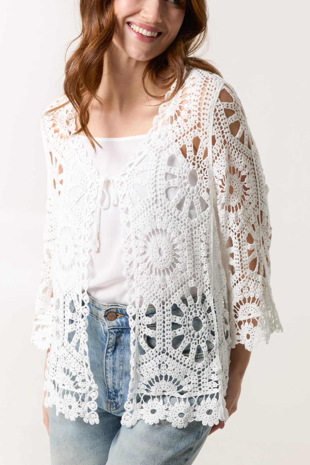 Tie Front Multi Crochet Cardigan White