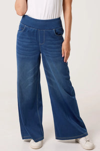 Elastic Waistband Wide Leg Jeans Denim