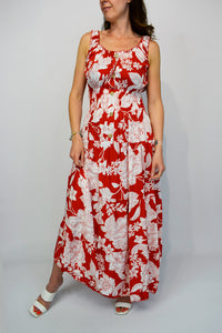 Elasticated Button Front Stencil Flower Midi Dress Red