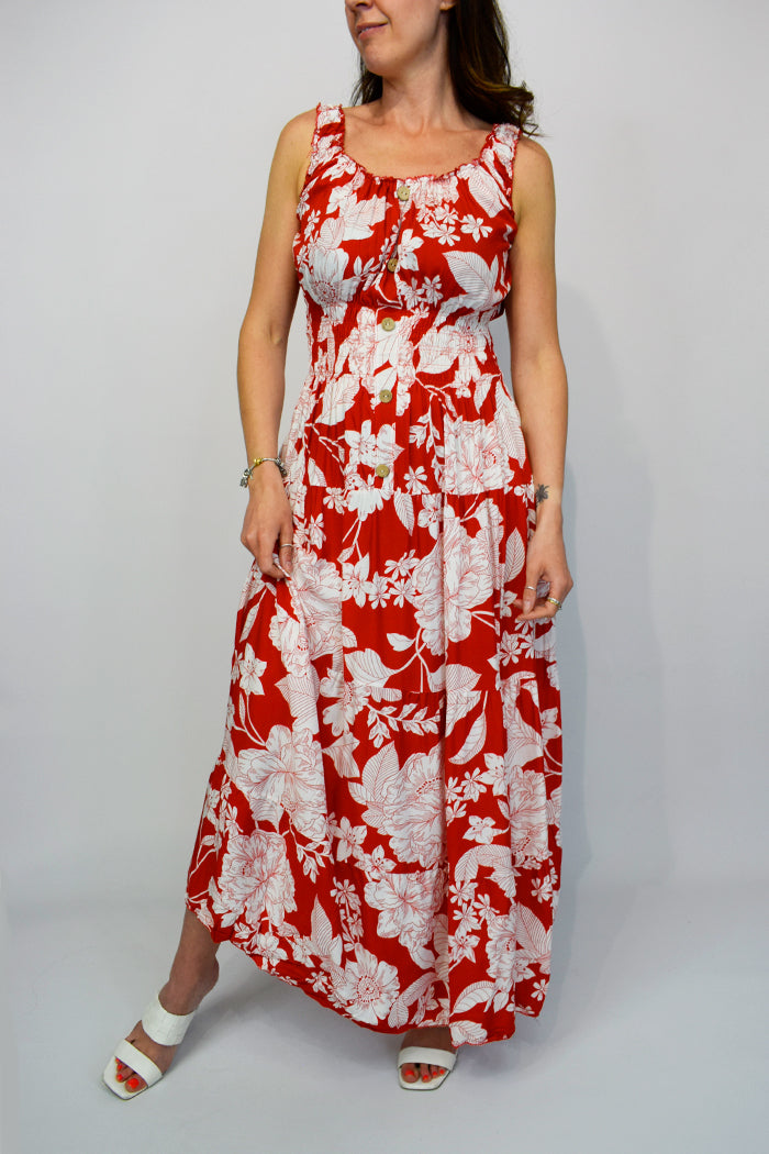 Elasticated Button Front Stencil Flower Midi Dress Red