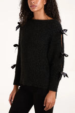 Load image into Gallery viewer, Black Bow Sleeve Fluffy Knit Jumper
