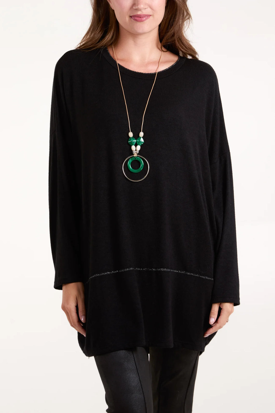 Black Silver Stitch Soft Knit Necklace Top