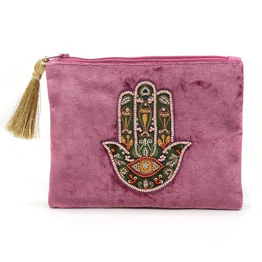 POM Pink velvet embroidered hand purse