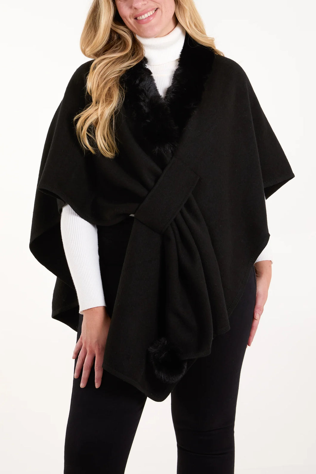 Black Fur Trim Wrap Cape