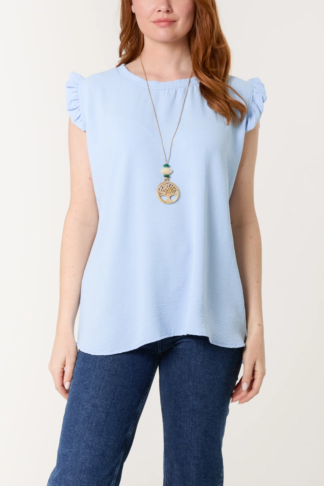 Necklace Frill Sleeve Top Light Blue