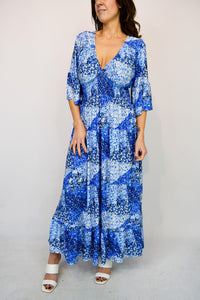 Multi Print Shirring V-Neck Maxi Dress