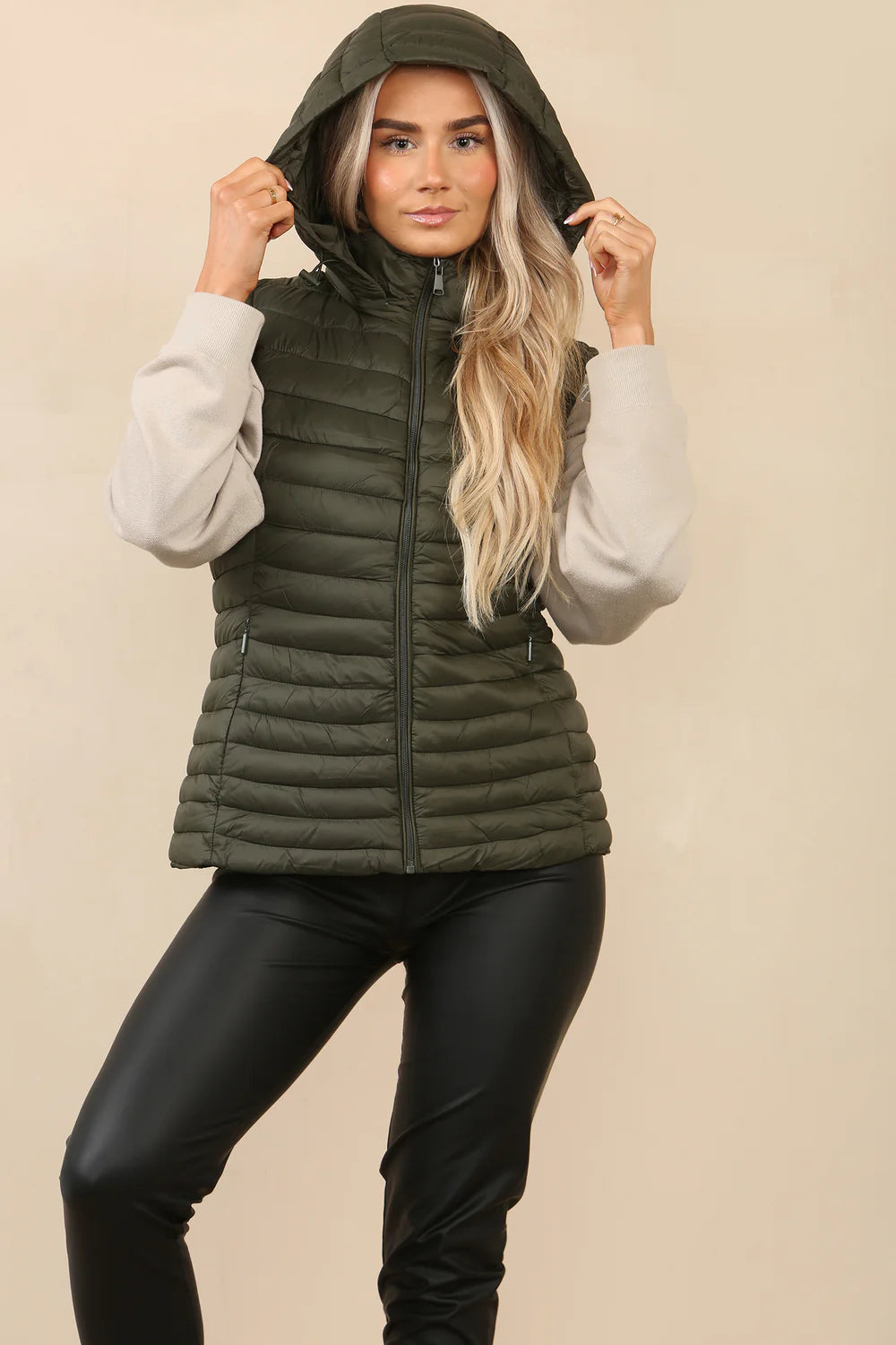 Khaki Puffa Detachable Hooded Waist Coat