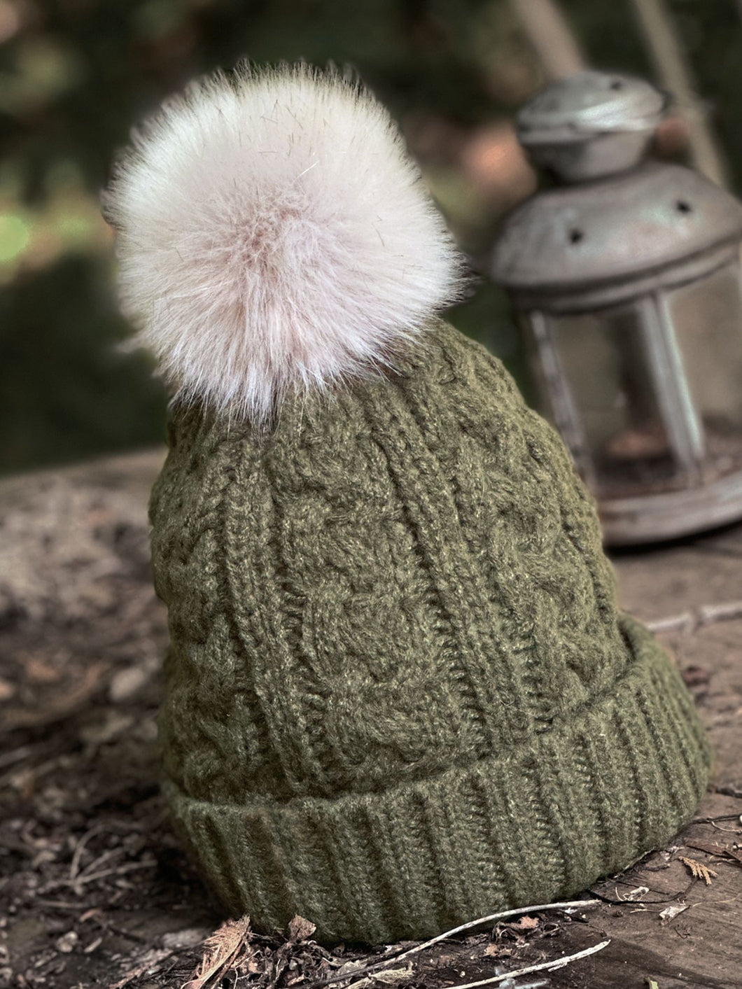 Super Soft Cable Knit Fur Pom Pom - Khaki/Grey