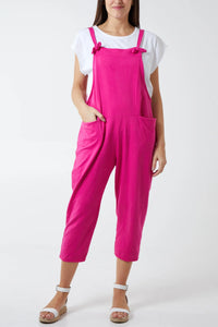 Bow Detail Plain Dungarees Fuchsia