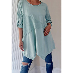 Casual Raw Rib Edged Panelled Top With Shaped Gathered Hem Mint