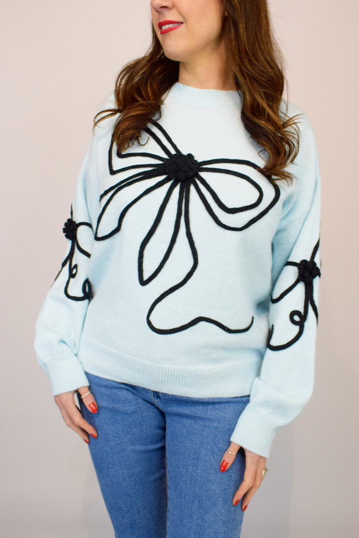 Bow Embroidered Soft Knit Jumper Blue