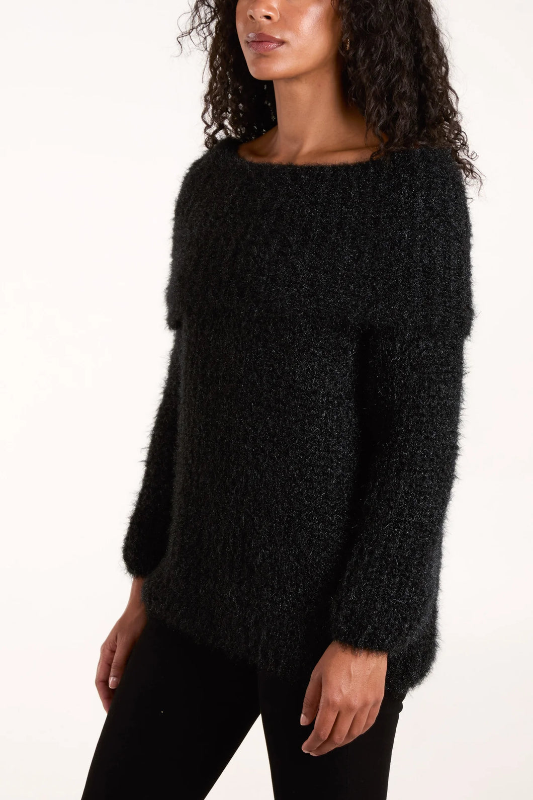 Black Fluffy Knit Off Shoulders Jumper