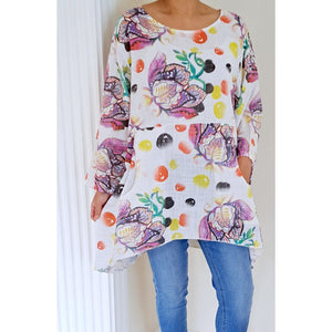 Casual Cotton Floral Spot Panelled Top With Pockets