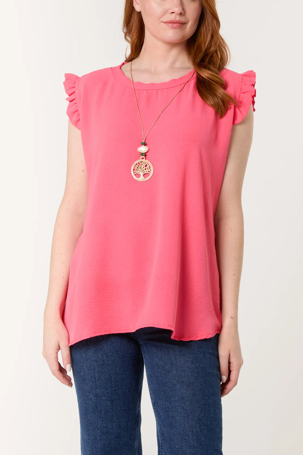 Necklace Frill Sleeve Top Coral